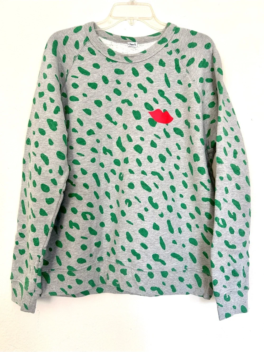 CLARE V.  Gray Sweatshirt with Green Leopard Spots and Red Lip Motif - Picture 2 of 7
